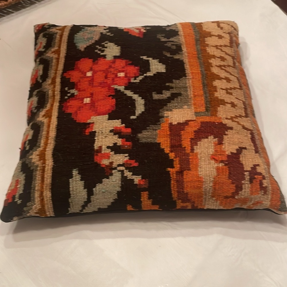 Large Floral Pillow Made from a Vintage Hand Woven Old Kilim Rug From Turkey - Picture 2 of 9